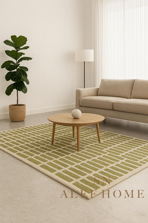 Handmade Olive Green Wool Rug: Modern Textured Grid Carpet - Alef home
