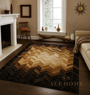 Chevron Cowhide Rug: Handmade Patchwork Leather Carpet - Brown & Black - Alef home
