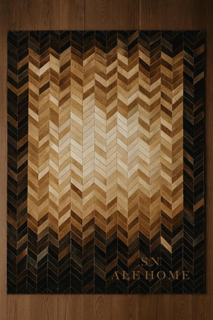 Chevron Cowhide Rug: Handmade Patchwork Leather Carpet - Brown & Black - Alef home