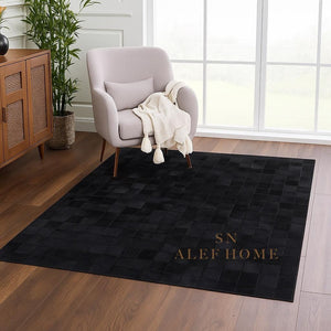 Black Cowhide Checkerboard Rug: Handmade Hair-On Leather Patchwork Carpet - Alef home