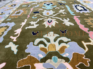 Hand-Tufted Oushak Wool Rug: Olive Green Pastel Boho Carpet