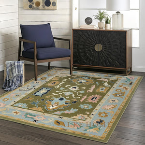 Hand-Tufted Oushak Wool Rug: Olive Green Pastel Boho Carpet - Alef home