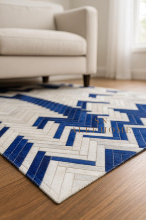 Handmade Chevron Cowhide Rug: Blue & White Leather Patchwork Carpet - Alef home