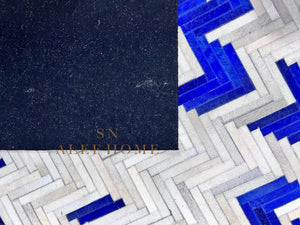 Handmade Chevron Cowhide Rug: Blue & White Leather Patchwork Carpet - Alef home