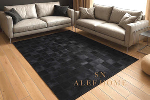 Black Cowhide Checkerboard Rug: Handmade Hair-On Leather Patchwork Carpet - Alef home