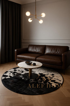 Handmade Cowhide Patchwork Rug: Round Black & White Leather Carpet