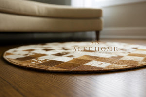 Handmade Cowhide Patchwork Rug: Round Leather Carpet for Rustic Decor - Alef home