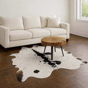 Black & White Cowhide Patchwork Rug: Hair-On Leather Farmhouse Decor - Alef home