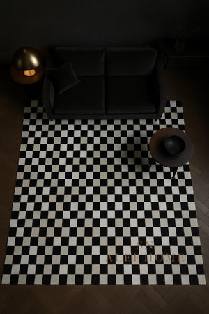 Handmade Cowhide Checkerboard Rug: Black & White Hair-On Leather Carpet - Alef home