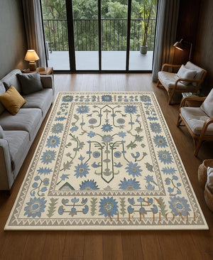 Hand-Tufted Wool Oushak Rug: Blue, Green & Cream Floral Carpet