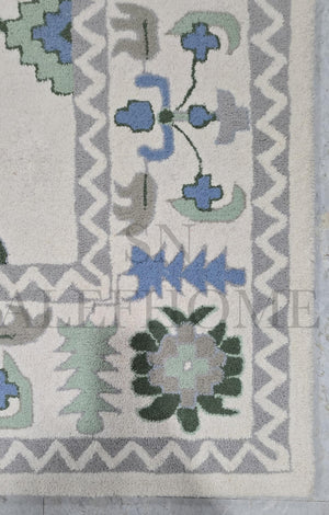 Hand-Tufted Wool Oushak Rug: Blue, Green & Cream Floral Carpet