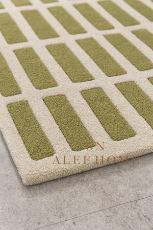 Handmade Olive Green Wool Rug: Modern Textured Grid Carpet - Alef home