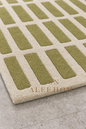 Handmade Olive Green Wool Rug: Modern Textured Grid Carpet - Alef home