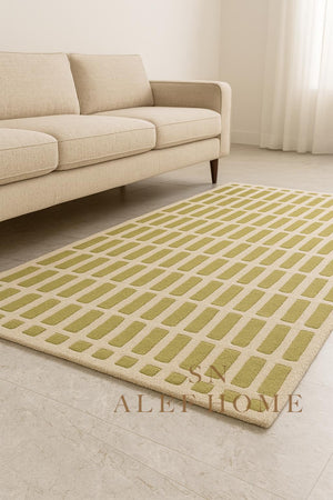 Handmade Olive Green Wool Rug: Modern Textured Grid Carpet - Alef home