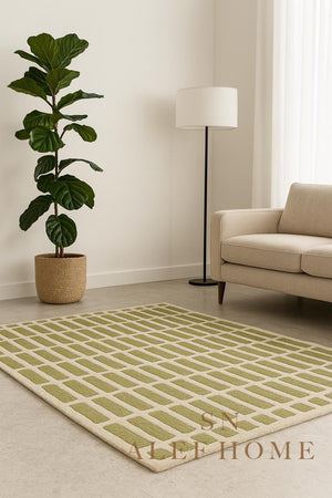 Handmade Olive Green Wool Rug: Modern Textured Grid Carpet - Alef home