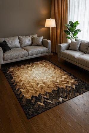 Chevron Cowhide Rug: Handmade Patchwork Leather Carpet - Brown & Black - Alef home