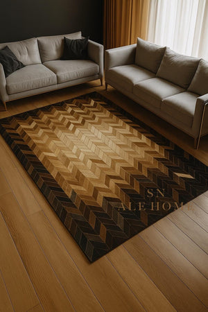 Chevron Cowhide Rug: Handmade Patchwork Leather Carpet - Brown & Black - Alef home