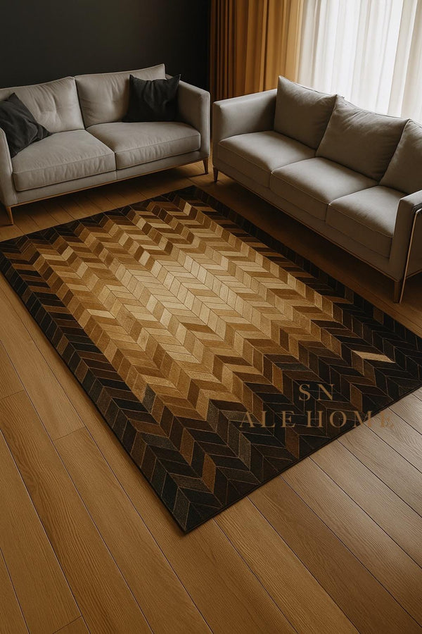 Chevron Cowhide Rug: Handmade Patchwork Leather Carpet - Brown & Black - Alef home