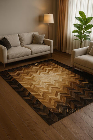 Chevron Cowhide Rug: Handmade Patchwork Leather Carpet - Brown & Black - Alef home