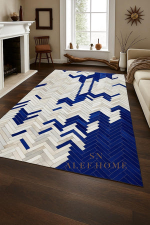 Handmade Chevron Cowhide Rug: Blue & White Leather Patchwork Carpet - Alef home