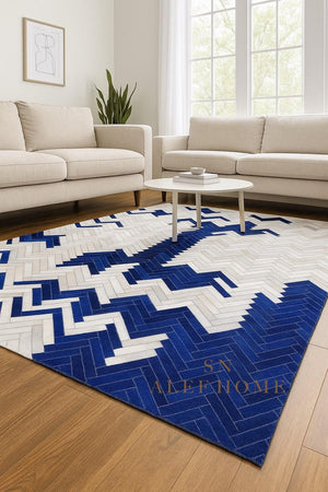 Handmade Chevron Cowhide Rug: Blue & White Leather Patchwork Carpet - Alef home
