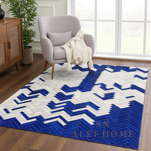 Handmade Blue & White Chevron Cowhide Rug - Patchwork Leather Carpet - Alef home