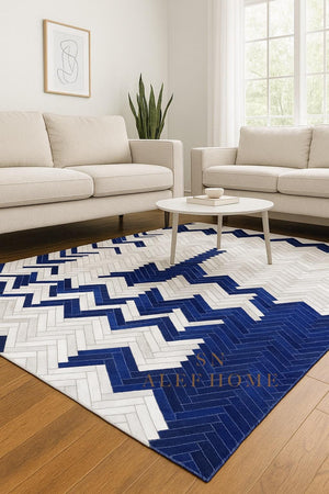 Handmade Chevron Cowhide Rug: Blue & White Leather Patchwork Carpet - Alef home