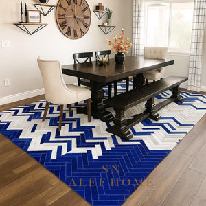 Handmade Chevron Cowhide Rug: Blue & White Leather Patchwork Carpet - Alef home