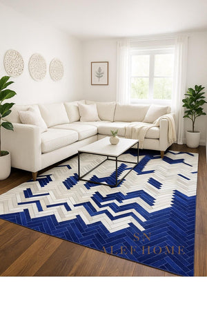 Handmade Blue & White Chevron Cowhide Rug - Patchwork Leather Carpet - Alef home
