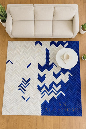 Handmade Chevron Cowhide Rug: Blue & White Leather Patchwork Carpet - Alef home