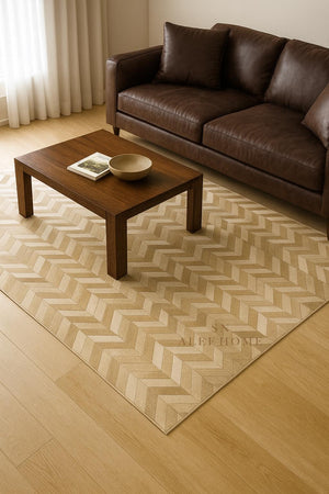 Beige Chevron Cowhide Rug: Hair-On Leather Patchwork Carpet - Alef home