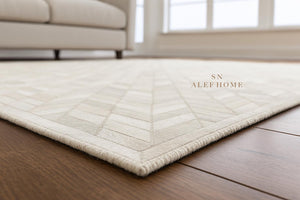 Handmade White Cowhide Rug: Chevron Patchwork, Hair-On Leather Carpet - Alef home