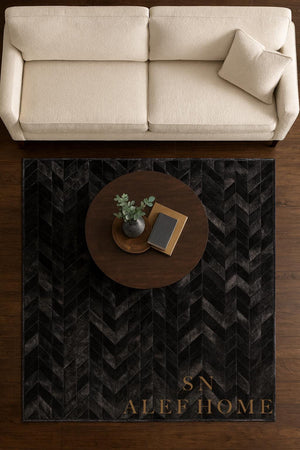 Black Chevron Cowhide Rug – Handmade Hair-On Leather Patchwork Carpet for Modern Living Room Decor - Alef home
