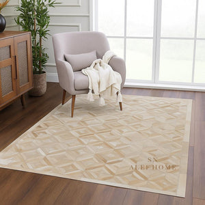 Geometric Cowhide Patchwork Rug: Beige Hair-On Leather, Handmade - Alef home