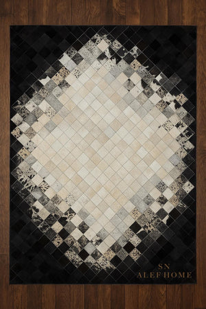 Black and White Cowhide Patchwork Rug: Handmade Hair-On Leather - Alef home