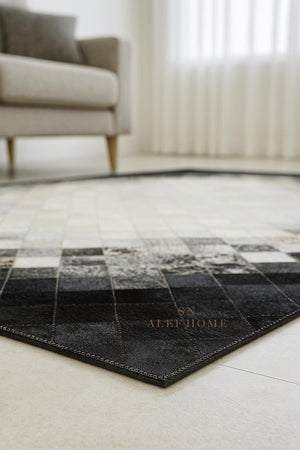 Black and White Cowhide Patchwork Rug: Handmade Hair-On Leather - Alef home