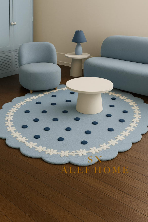 Handmade Pastel Blue Polka Dot Rug: Wool Blend Scalloped Carpet - Alef home