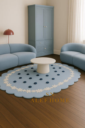 Handmade Pastel Blue Polka Dot Rug: Wool Blend Scalloped Carpet - Alef home