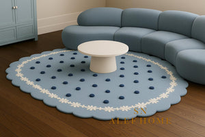Handmade Pastel Blue Polka Dot Rug: Wool Blend Scalloped Carpet - Alef home