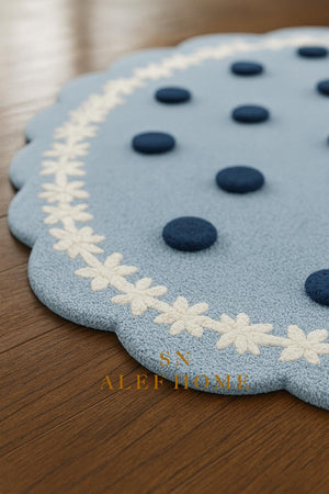 Handmade Pastel Blue Polka Dot Rug: Wool Blend Scalloped Carpet - Alef home
