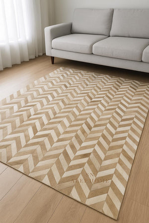 Beige Chevron Cowhide Rug: Hair-On Leather Patchwork Carpet - Alef home