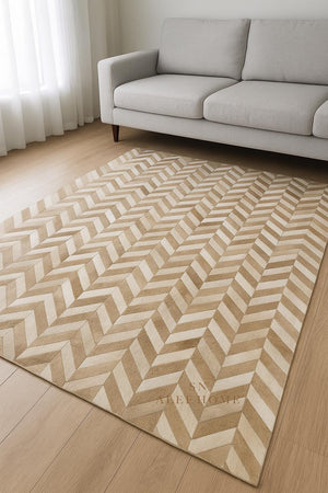 Beige Chevron Cowhide Rug: Hair-On Leather Patchwork Carpet - Alef home
