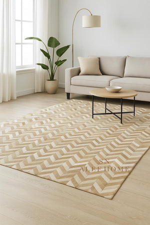 Beige Chevron Cowhide Rug: Hair-On Leather Patchwork Carpet - Alef home