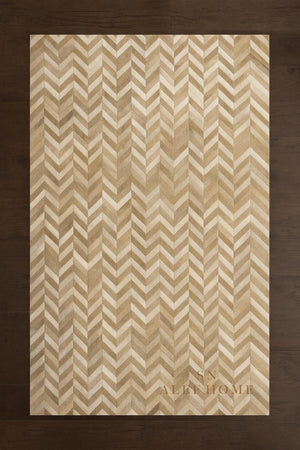 Beige Chevron Cowhide Rug: Hair-On Leather Patchwork Carpet - Alef home