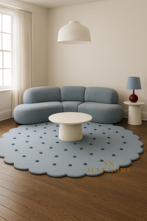 Handmade Wool Nursery Rug: Pastel Blue Polka Dot Scalloped Carpet - Alef home