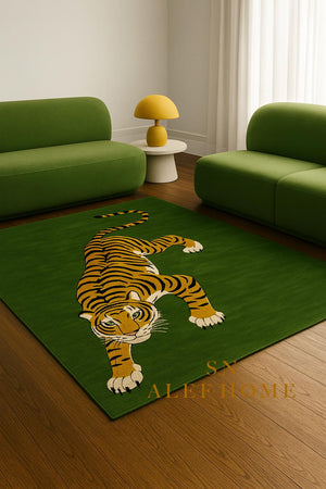 Handmade Wool Tiger Rug: Green Statement Carpet, Luxury Living - Alef home