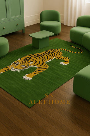 Handmade Wool Tiger Rug: Green Statement Carpet, Luxury Living - Alef home