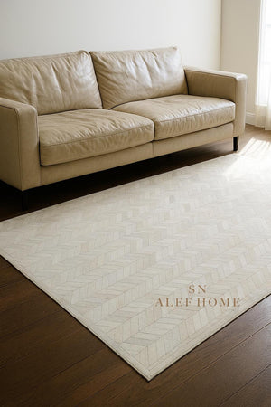 Handmade White Cowhide Rug: Chevron Patchwork, Hair-On Leather Carpet - Alef home