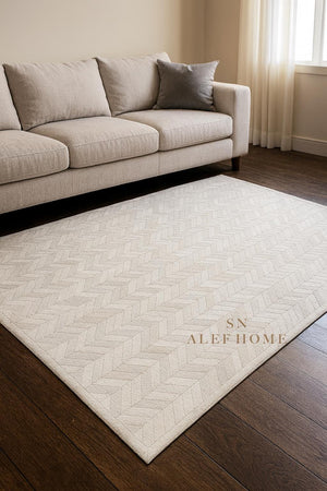 Handmade White Cowhide Rug: Chevron Patchwork, Hair-On Leather Carpet - Alef home