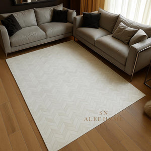 Handmade White Cowhide Rug: Chevron Patchwork, Hair-On Leather Carpet - Alef home